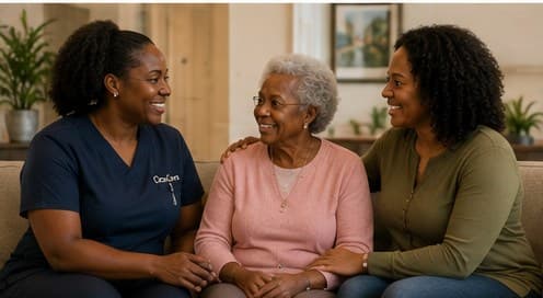 A family visiting their relative at a care home